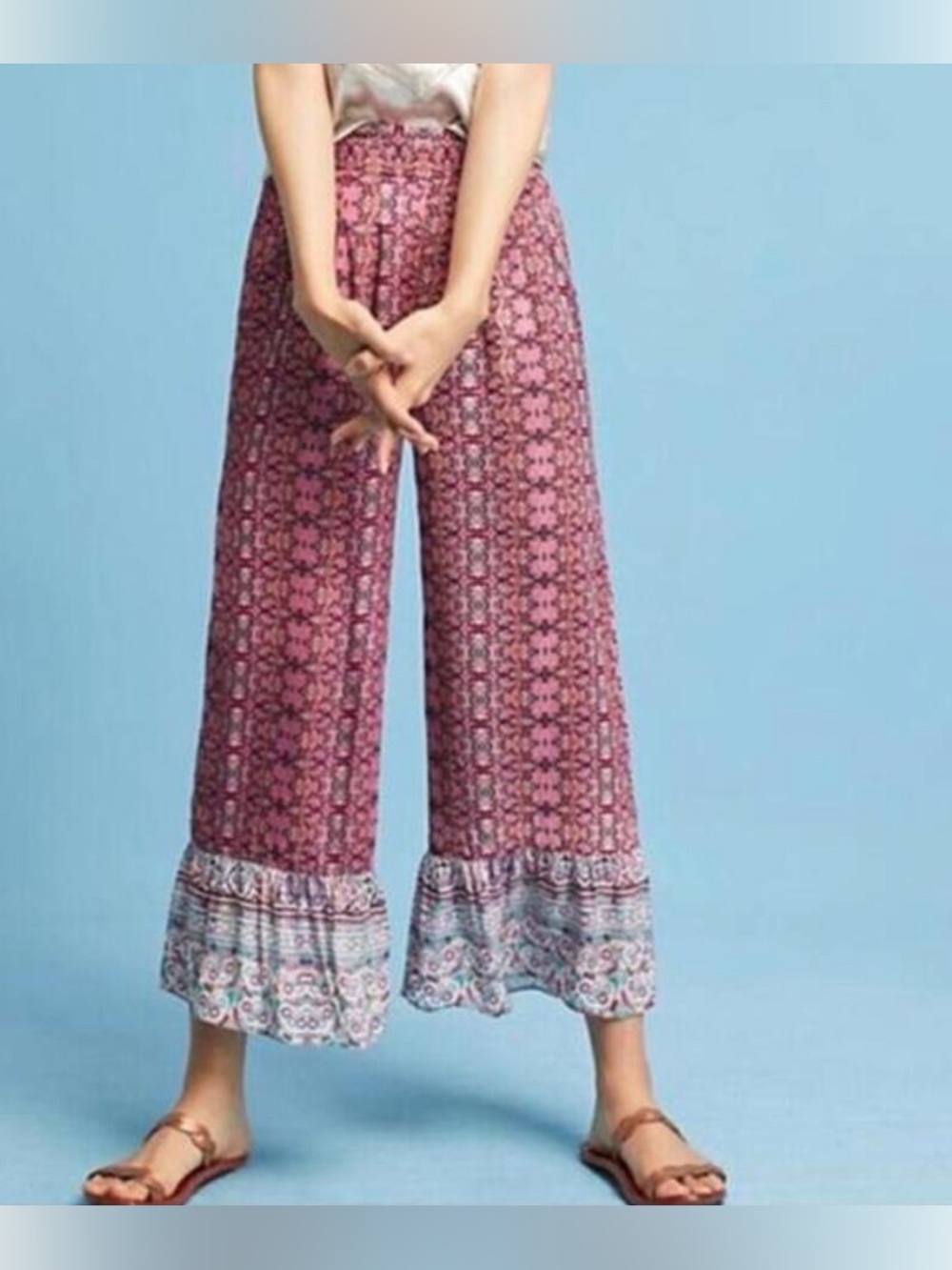 Anthro x Kachel Boho Printed Mixed Media Cropped Flare Pants Size 2 Festival Sun